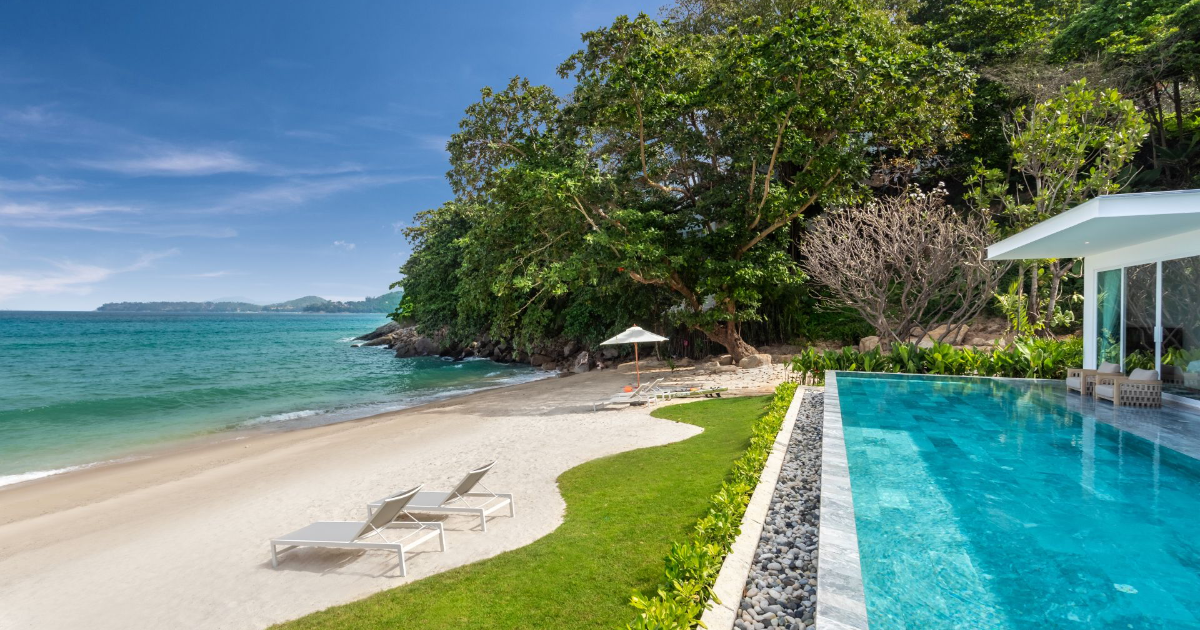 Kamala Beach Villas pool terrace overlooking a private bay in Phuket